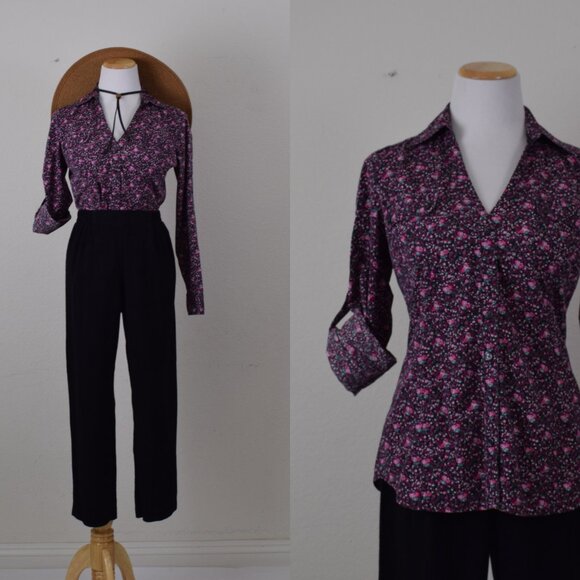 Vintage 90s Express Floral Long Sleeve Stretch Blouse | size M - Picture 1 of 9